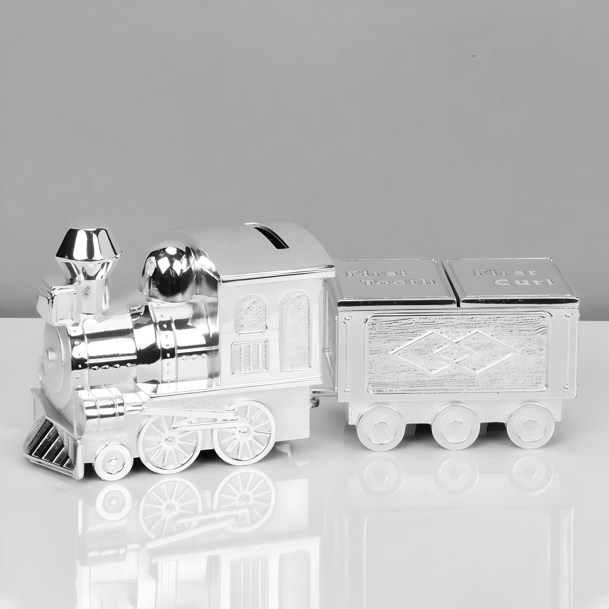 Shiny Silver Plated Money Box Train with First Tooth & First Curl Carriage Baby Keepsake