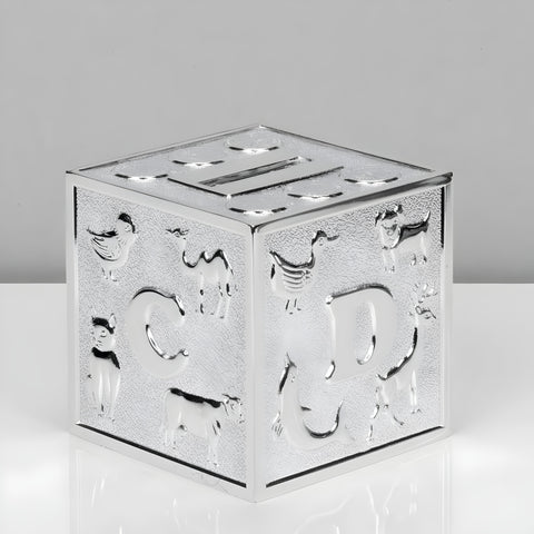 Shiny Silver Plated ABC Alphabet Cube Block Money Box