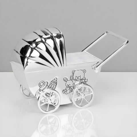 Shiny Silver Plated Baby Pram Money Box