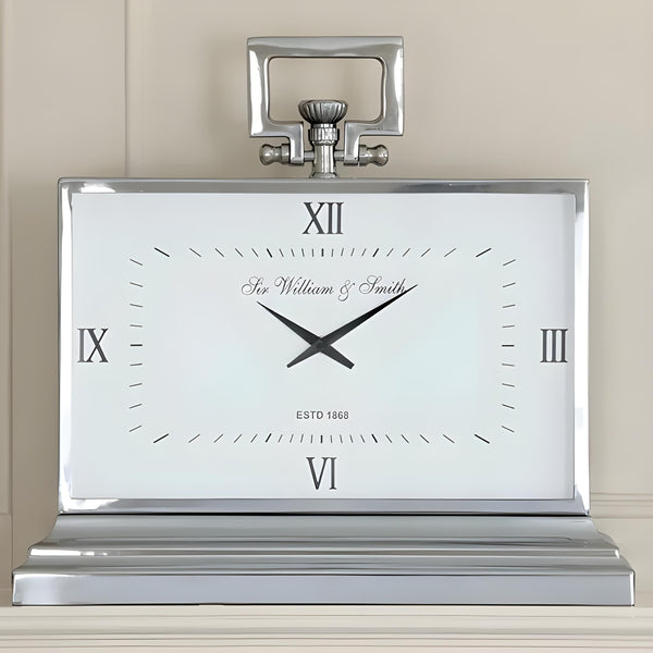 Shiny Silver Plated White Face Sir William & Smith Mantel Clock- Large