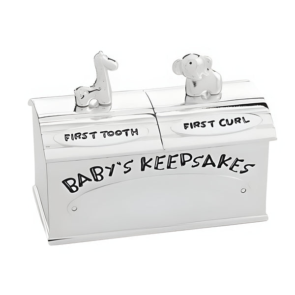 Shiny Silver Plated Zoo Animals First Tooth & First Curl Baby's Keepsake Box