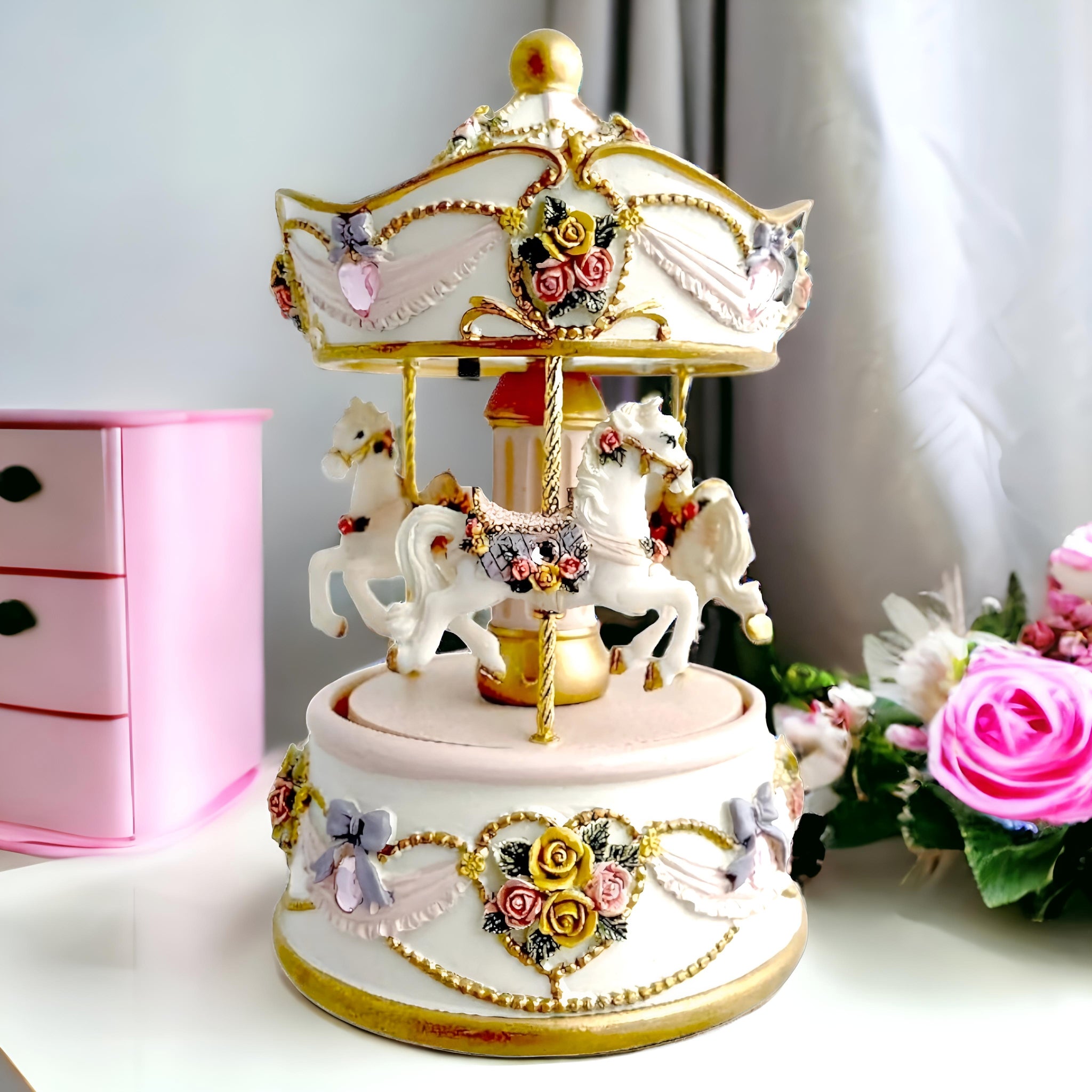 Rose Pink 3 Horse Rotating Musical Carousel Merry Go Round