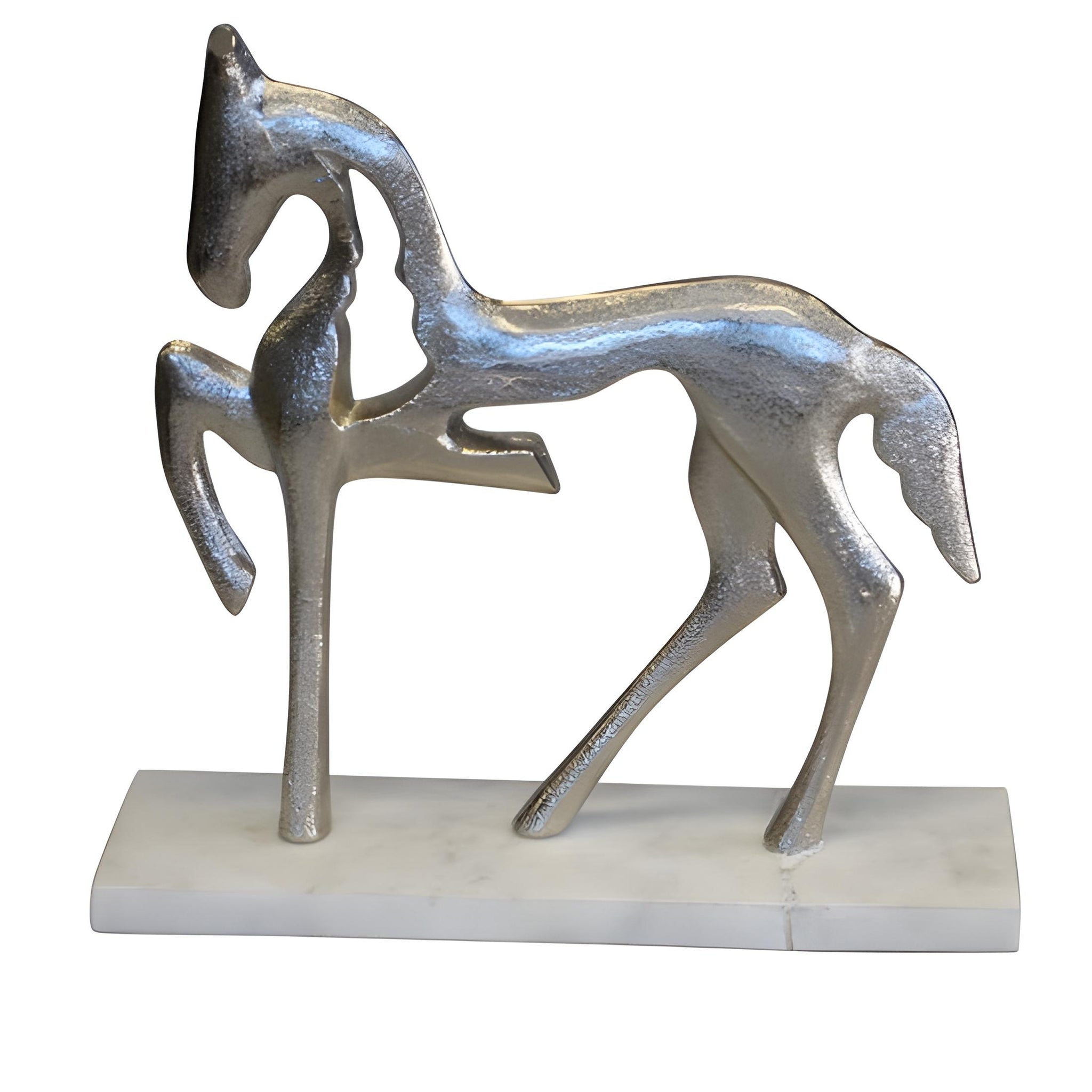 Silver Plated Prancing Horse Statue on White Marbel Base