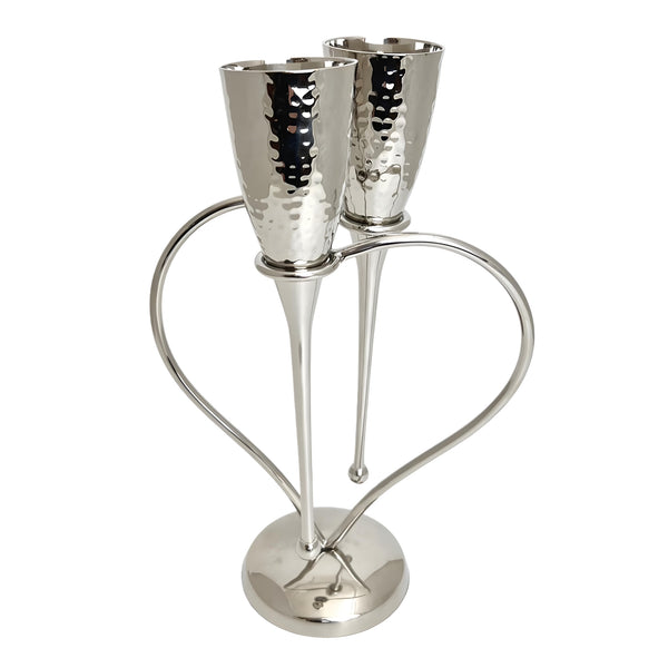 Set 2 Silver Plated Entwined Lovers' Heart Champagne Flutes on Stand