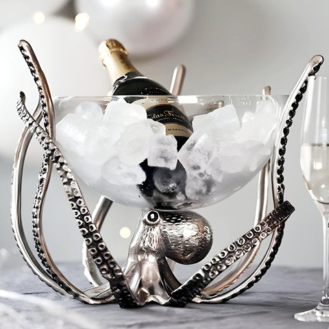 Silver Plated Octopus Stand & Glass Champagne & Wine Ice Cooler Tub