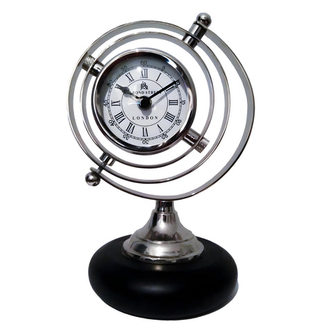 Shiny Silver Plated Bond Street Mantel Globe Clock on Black Base