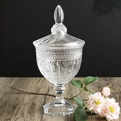 Clear Crystal Cut Glass Etched Goblet Vase with Lid