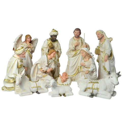 11 Piece Large Christmas Nativity Scene White & Gold Figurines Display Set- 45cm