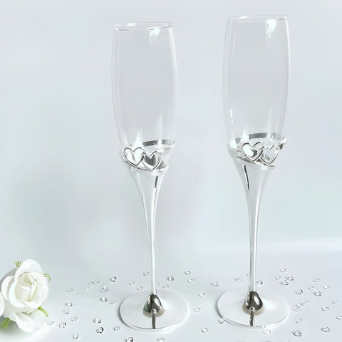 Set 2 Silver Champagne Glass Flutes & Double Hearts