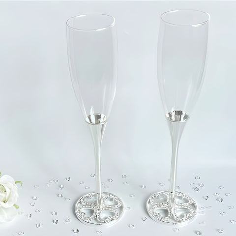 Set 2 Silver Champagne Glass Flutes & Crystal Diamante Hearts Base