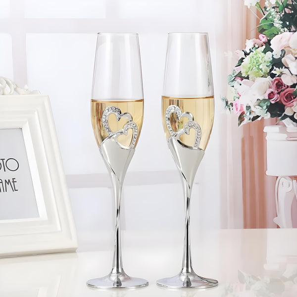 Set 2 Silver Champagne Glass Flutes & Binding Crystal Diamante Double Hearts