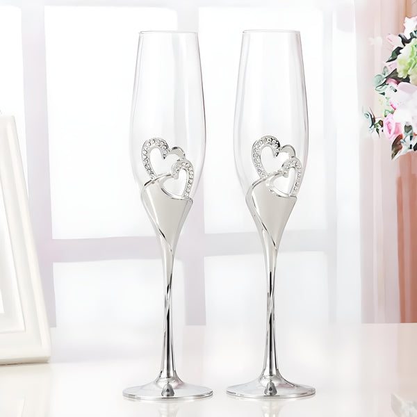 Set 2 Silver Champagne Glass Flutes & Binding Crystal Diamante Double Hearts