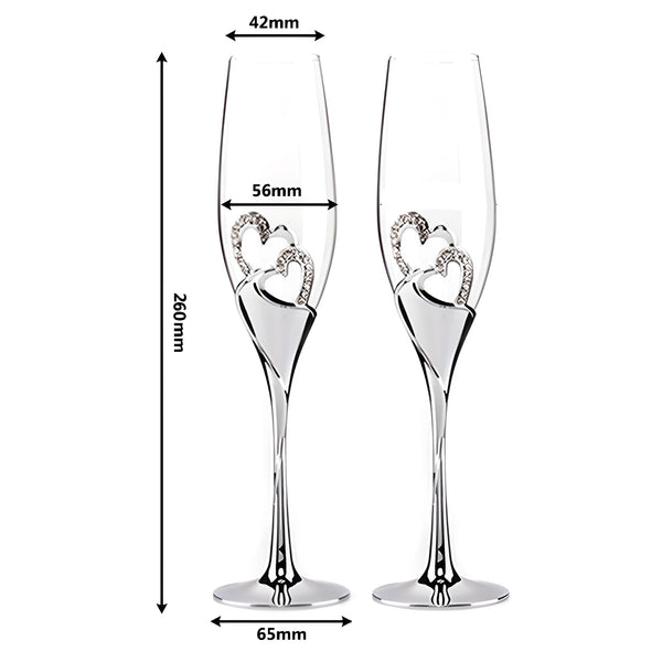 Set 2 Silver Champagne Glass Flutes & Binding Crystal Diamante Double Hearts