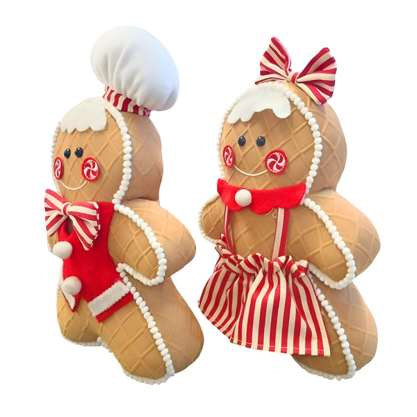 Set 2 Large Fabric Christmas Gingerbread Boy & Girl Decor- 30cm