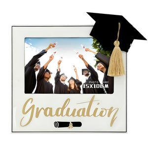 White Graduation Photo Frame with 3D Black Hat & Hanging Tassel