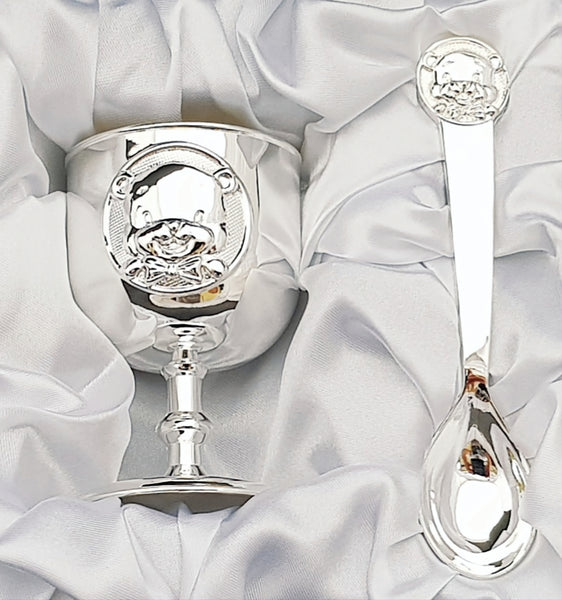 2 Piece Silver Plated Shiny Teddy Bear Design Baby Egg Cup Holder & Spoon Gift Set