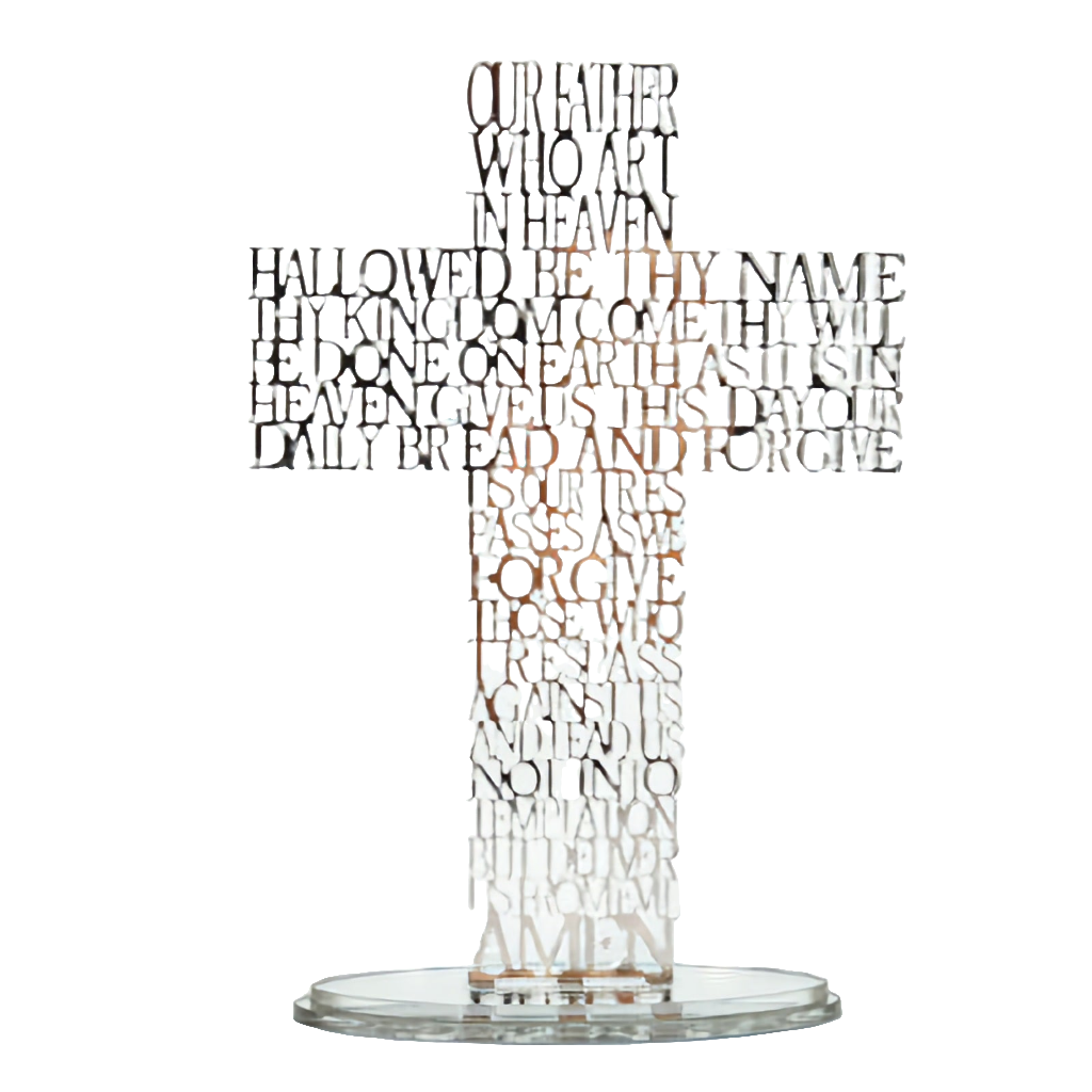 Silver The Lord's Prayer Laser Cut Standing Cross & Acrylic Mirror Base