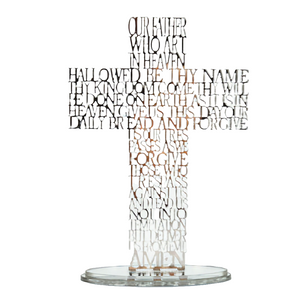 Silver The Lord's Prayer Laser Cut Standing Cross & Acrylic Mirror Base