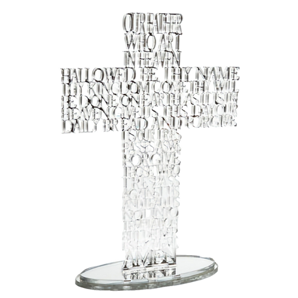 Silver The Lord's Prayer Laser Cut Standing Cross & Acrylic Mirror Base