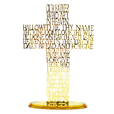 Gold The Lord's Prayer Laser Cut Standing Cross & Acrylic Mirror Base