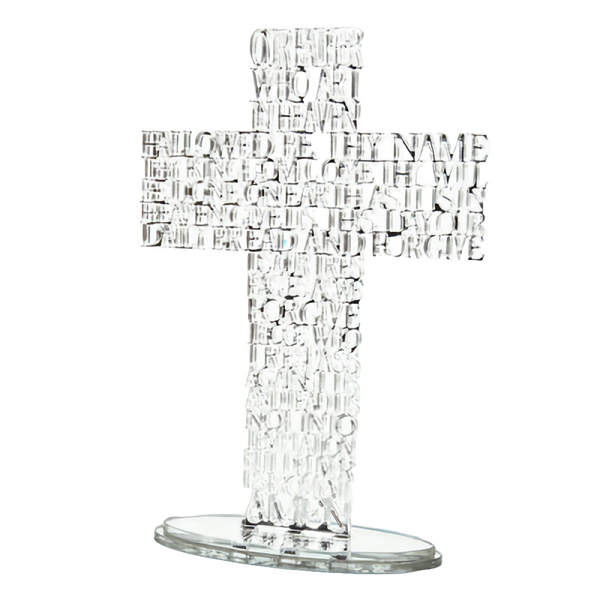 Silver The Lord's Prayer Laser Cut Standing Cross & Acrylic Mirror Base