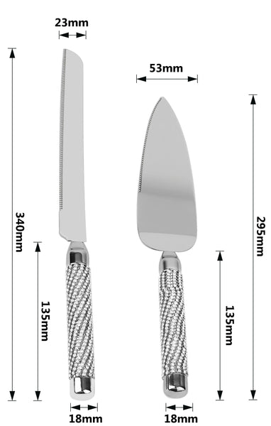 Wedding bridal engagement Cake Server & Knife Set stainless Steel blades in gift Box with bling silver classy crystal filled beads beaded handles and crystal diamante rhinestones crystalline filled beaded beads handles Handle Gift Box