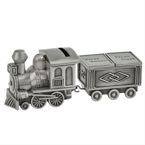 Silver Pewter Money Box Train with First Tooth & First Curl Carriage Baby Keepsake