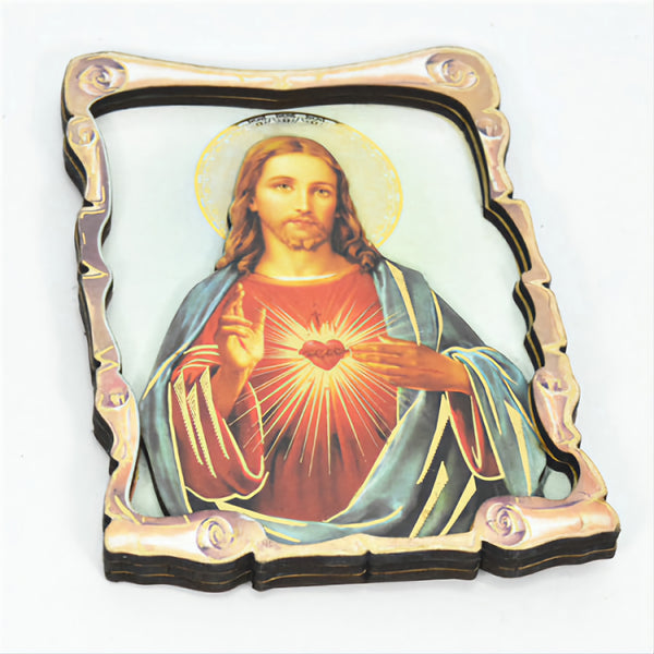 Religious Catholic Christian Colour Wooden Wood 3D Sacred Heart Jesus Christ Icon Plaque picture Stand