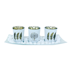 Set 3 White Tree of Life Decorative Glass Tealight Candle Holders with Tray & Pebbles