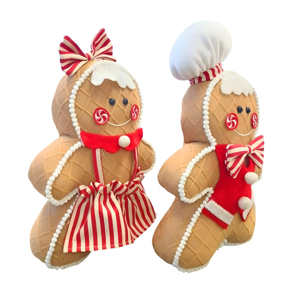 Set 2 Large Fabric Christmas Gingerbread Boy & Girl Decor- 37cm