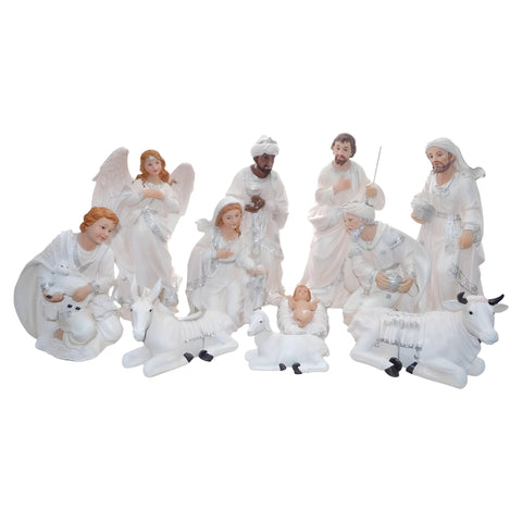 11 Piece Large Christmas Nativity Scene White & Silver Figurines Display Set- 46cm