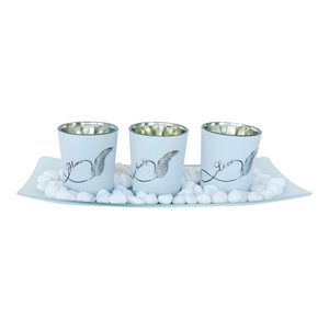 Set 3 White "Home, Family & Love" Decorative Glass Tealight Candle Holders with Tray & Pebbles