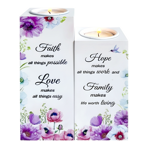 White "Faith, Love, Hope & Family" Decorative Dual Tealight Candle Holders with Flowers Design