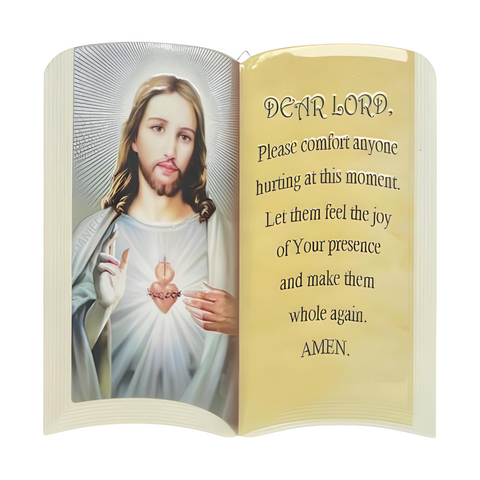 Catholic Sacred Heart Jesus Christ & Prayer Open Book Ceramic Standing Plaque