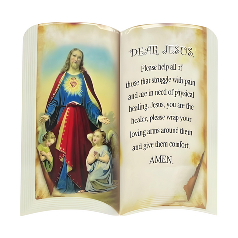 Catholic Sacred Heart Jesus Christ & Prayer Open Book Ceramic Standing Plaque