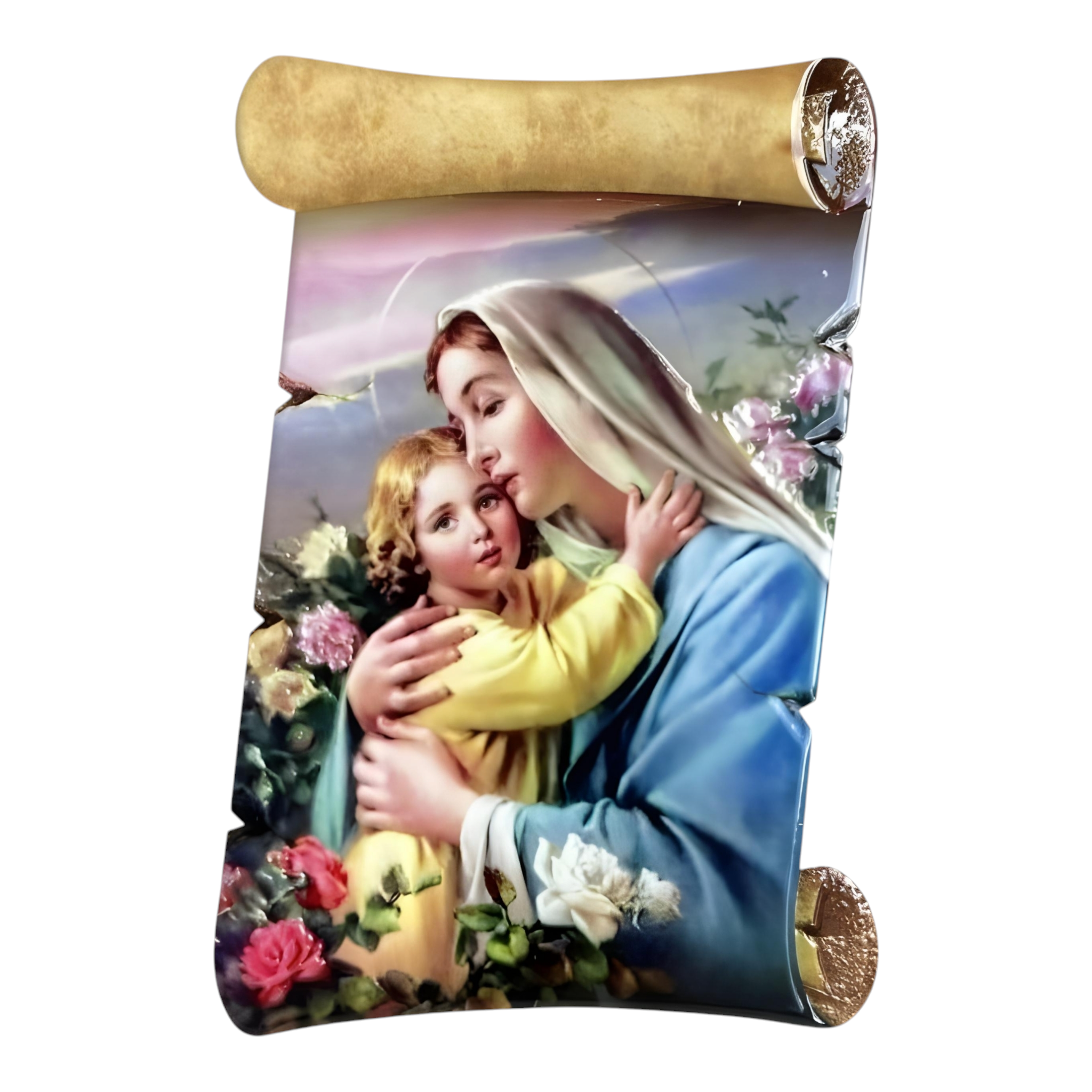 Catholic Holy Mother Mary & Child Scroll Design Ceramic Standing Plaque