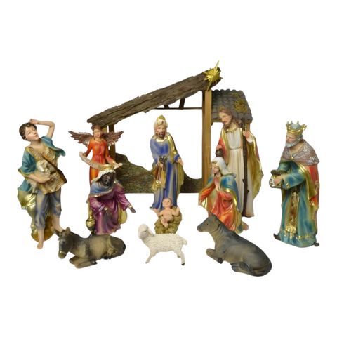 13 Piece Christmas Nativity Scene Colour Figurines & Stable Display Set- 32cm