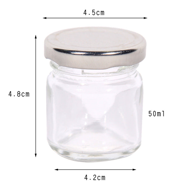 Set of 10 Mini Round 50ml Glass DIY Candle Making Jars with Silver Lids Mini 50ml Silver Lid Candy Jam Glass Jars Honey Preserving Wedding Christening Baptism Communion Confirmation Favours Gifts Bomboniere Guests guest gift DIY favour