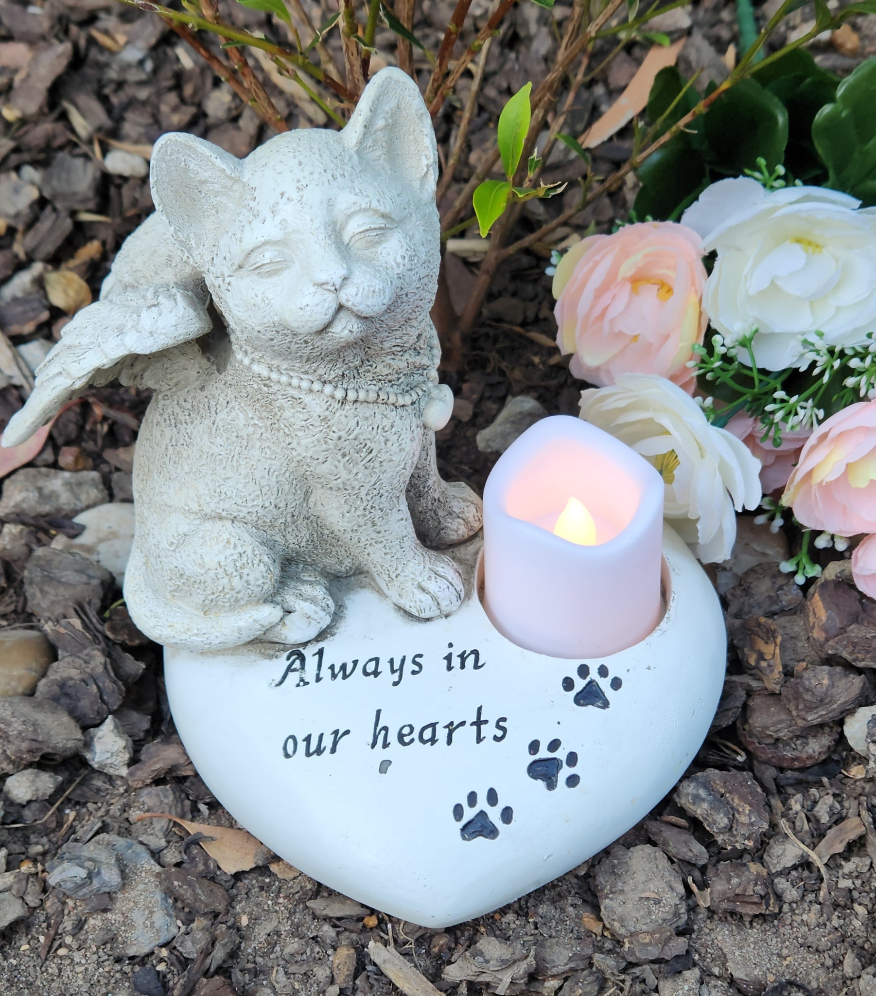 Cat Angel Memorial Stone heart shape statue plaque LED light Cat Grave Figurine Outdoor Cat Angel Memorial Polyresin Indoor Outdoor Garden Yard plaque cat Memorial Stone Statue, cat Angel Pet Memorial Grave Marker Tribute Statue in memory