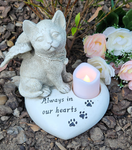 Cat Angel Memorial Stone heart shape statue plaque LED light Cat Grave Figurine Outdoor Cat Angel Memorial Polyresin Indoor Outdoor Garden Yard plaque cat Memorial Stone Statue, cat Angel Pet Memorial Grave Marker Tribute Statue in memory