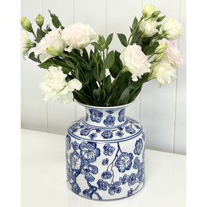 Hamptons Coastal Beach Blue and White Floral Design Ceramic Vase Home Decor  Hamptons Round Blue and White Floral Design Ceramic Jar temple jar ginger jar home decor elegant stunning luxe deco flower vase