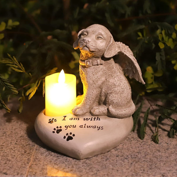 Dog Angel Memorial Stone heart shape statue plaque with LED light dog Grave Figurine Outdoor dog Angel Memorial Polyresin Indoor Outdoor Garden Yard plaque dog Memorial Stone Statue, dog Angel Pet Memorial Grave Marker Tribute Statue in memory