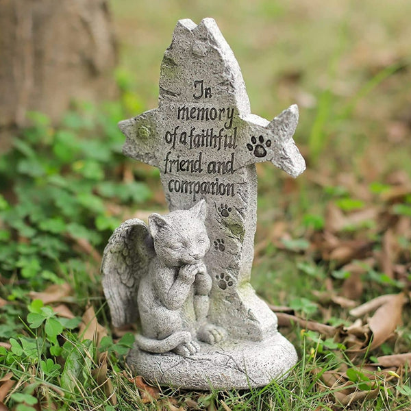 Cat Angel Memorial Stone statue Sleeping Cat Grave Figurine Outdoor Cat Angel Memorial Plaque Polyresin Indoor Outdoor Garden Yard plaque cat Memorial Stone Statue, cat Angel Pet Memorial Grave Marker Tribute Statue in memory of a faithful friend