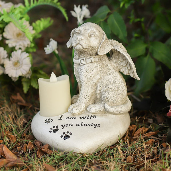 Dog Angel Memorial Stone heart shape statue plaque with LED light dog Grave Figurine Outdoor dog Angel Memorial Polyresin Indoor Outdoor Garden Yard plaque dog Memorial Stone Statue, dog Angel Pet Memorial Grave Marker Tribute Statue in memory