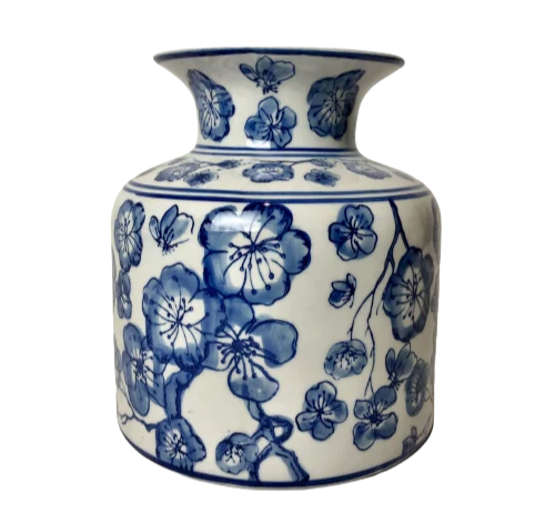 Hamptons Coastal Beach Blue and White Floral Design Ceramic Vase Home Decor Hamptons Round Blue and White Floral Design Ceramic Jar temple jar ginger jar home decor elegant stunning luxe deco flower vase