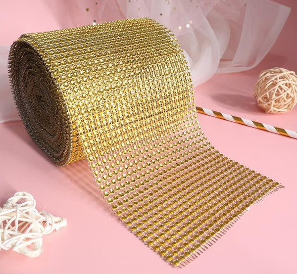 10 Meter Gold Diamante Crystal DIY Craft Rhinestone Sparkly Mesh Decoration Roll Wedding 10m Diamante Diamond Gold Crystal Rhinestone Sparkling Effect Mesh Ribbon