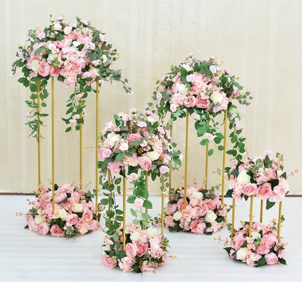 Set 4 Gold Metal Flower Centrepiece Plinths Display Stands