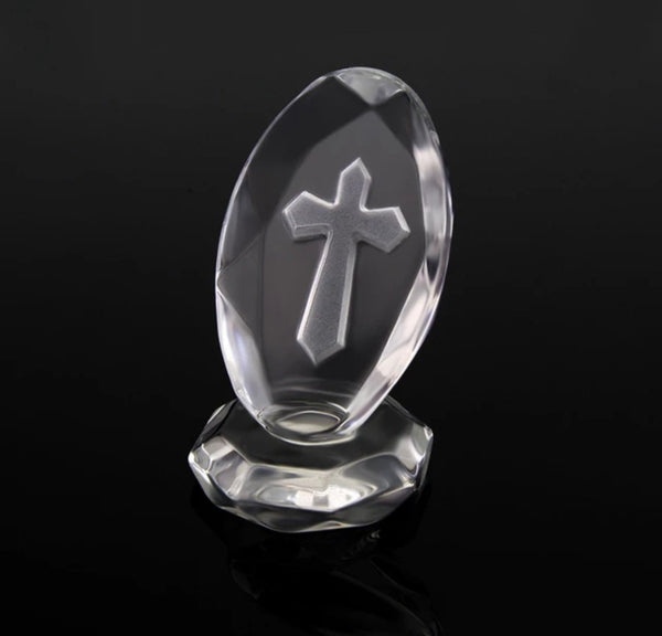  mini Crystal Cut Glass Holy Religious Oval Cross Ornament on Stand favours bomboinere gifts home decor