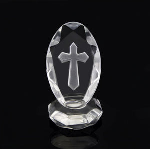 mini Crystal Cut Glass Holy Religious Oval Cross Ornament on Stand favours bomboinere gifts home decor