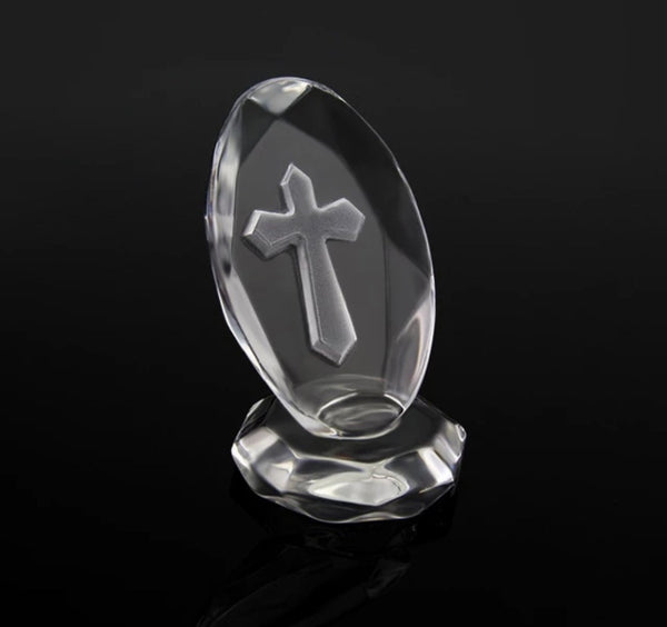 mini Crystal Cut Glass Holy Religious Oval Cross Ornament on Stand favours bomboinere gifts home decor